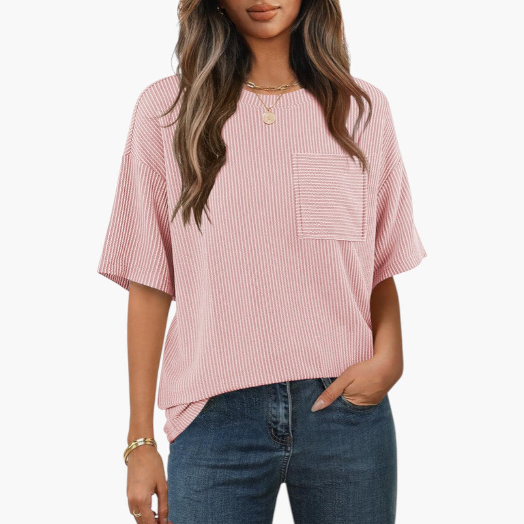 Camiseta de mujer a rayas con bolsillo en el pecho