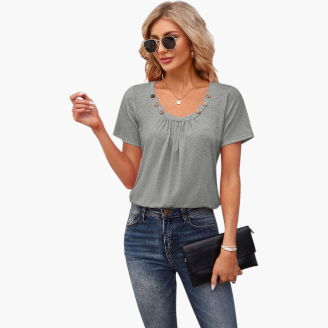 T shirt femme avec boutons décoratifs et manches courtes