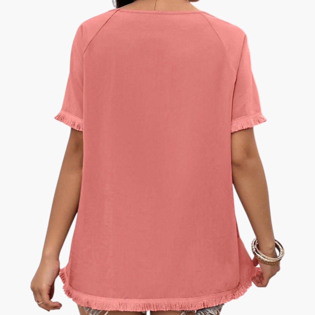 T shirt femme avec manches à franges et encolure ronde