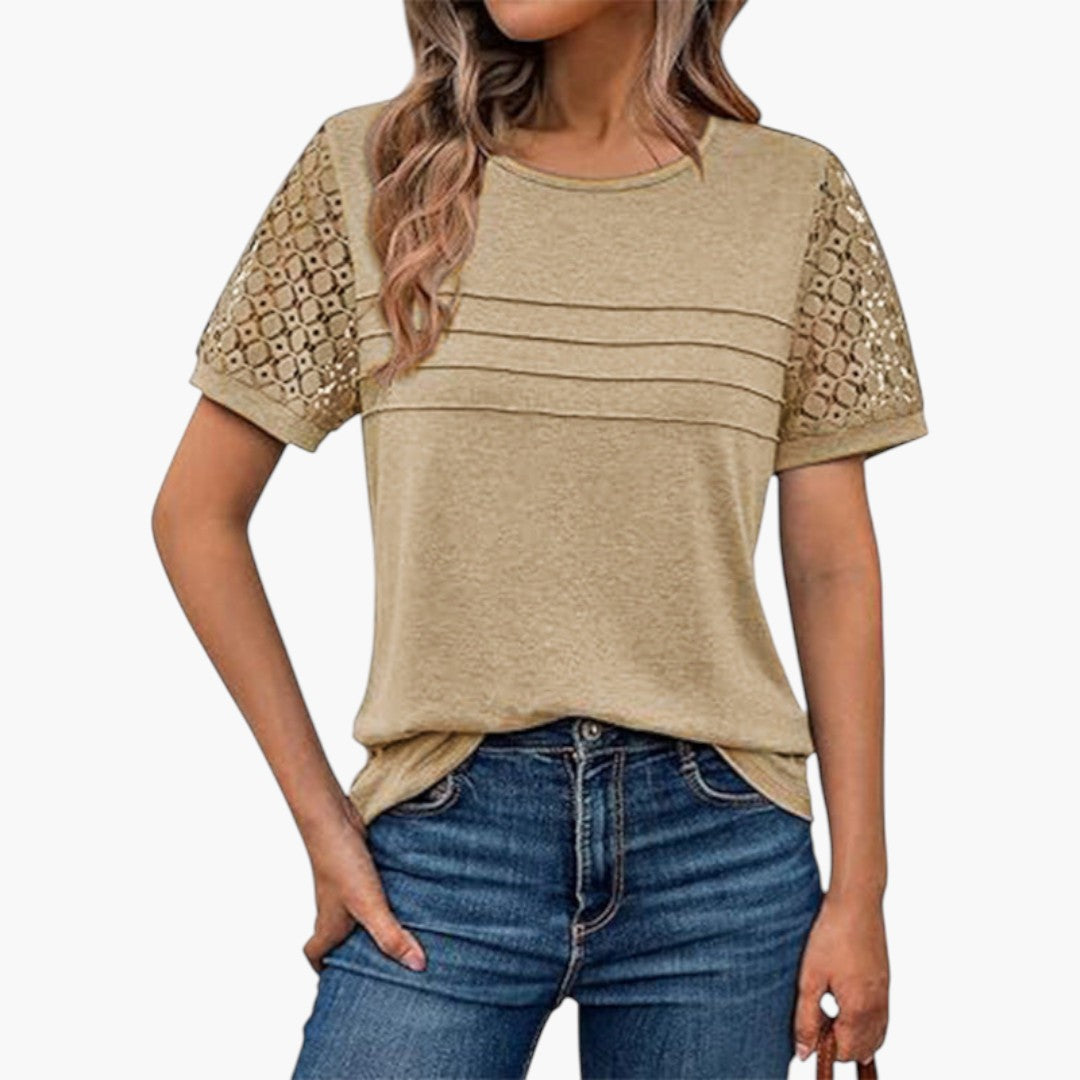 T shirt femme avec manches en crochet et devant plissé