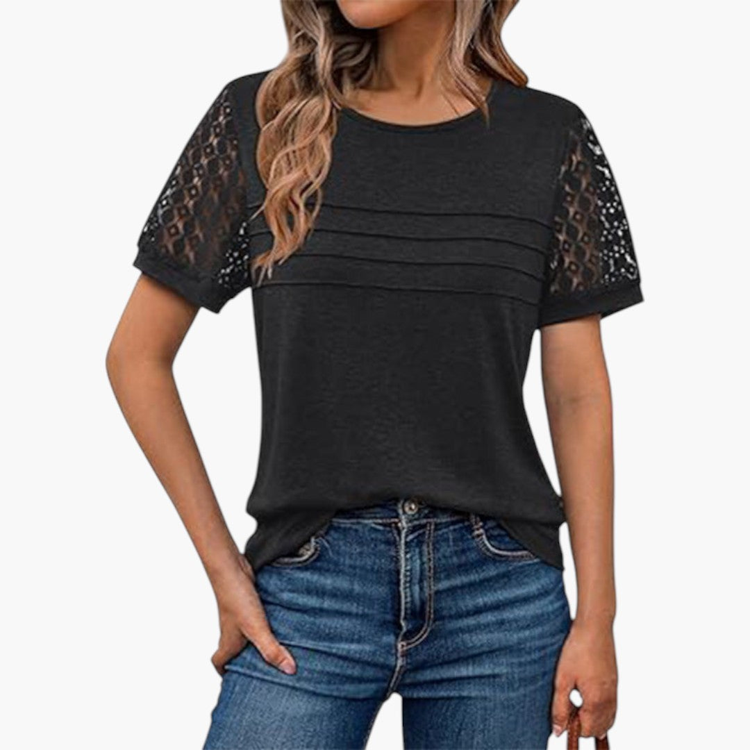 T shirt femme avec manches en crochet et devant plissé