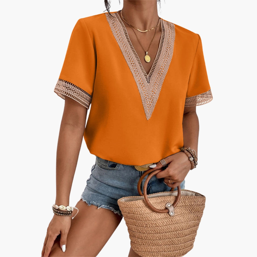 T shirt femme col V avec bordure en dentelle