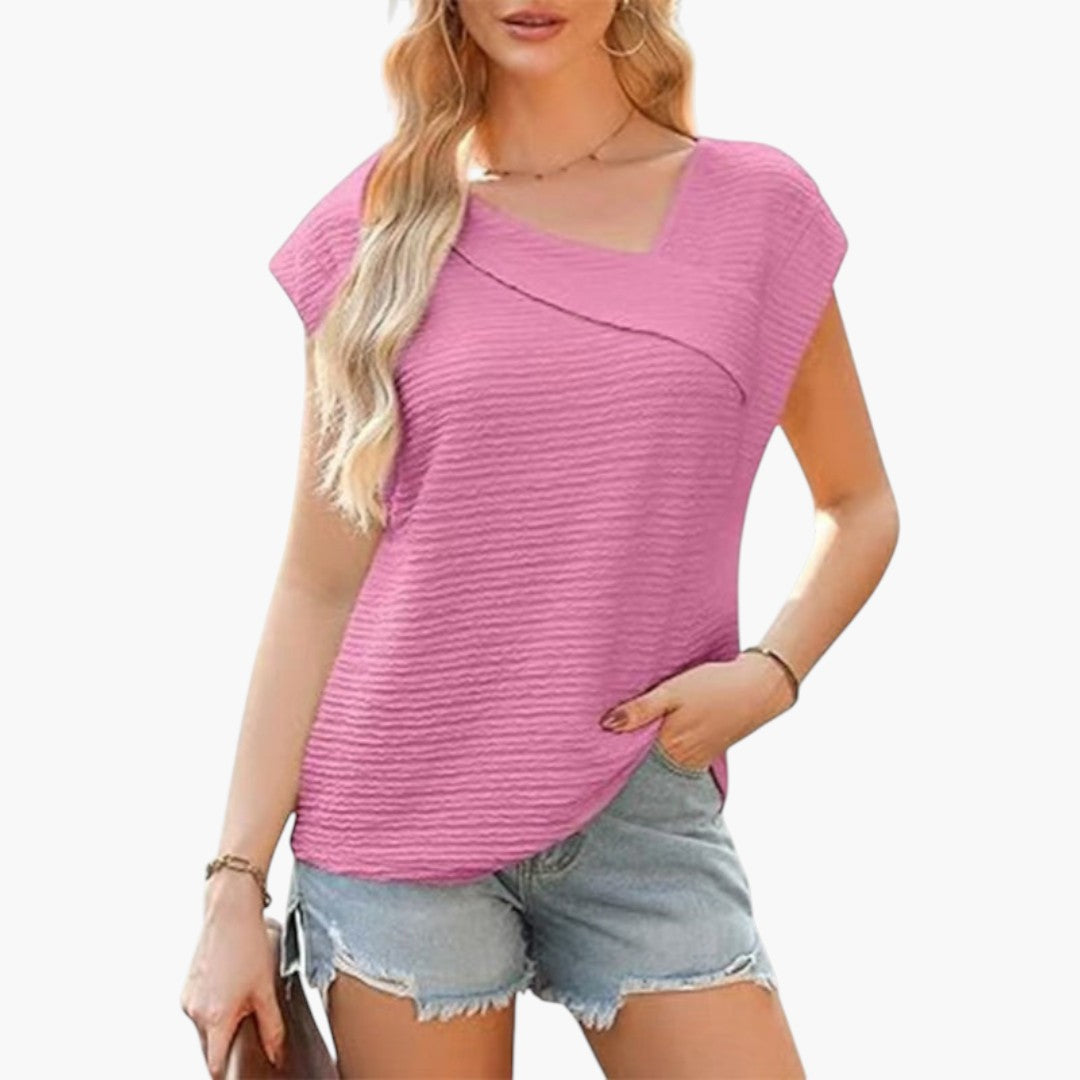 women's shirt with uneven neckline and short sleeves