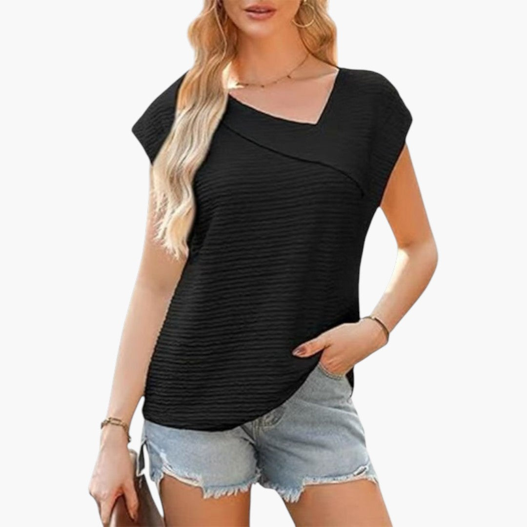 women's shirt with uneven neckline and short sleeves
