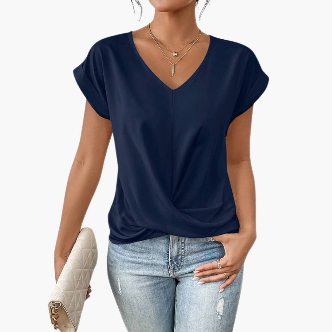 T shirt femme col en V avec bas torsadé sur le devant