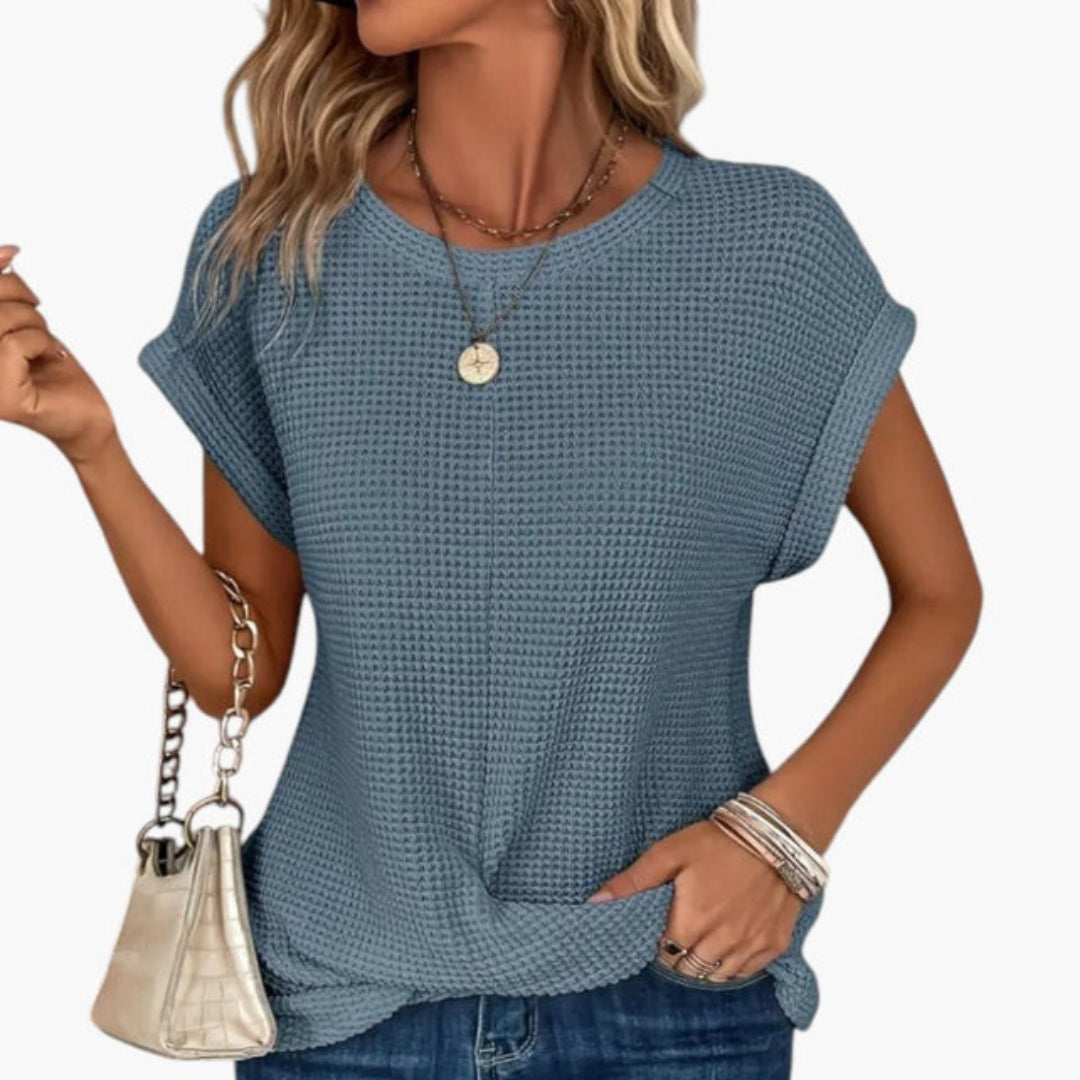 Dame T-shirt med rund hals og snoet kant foran
