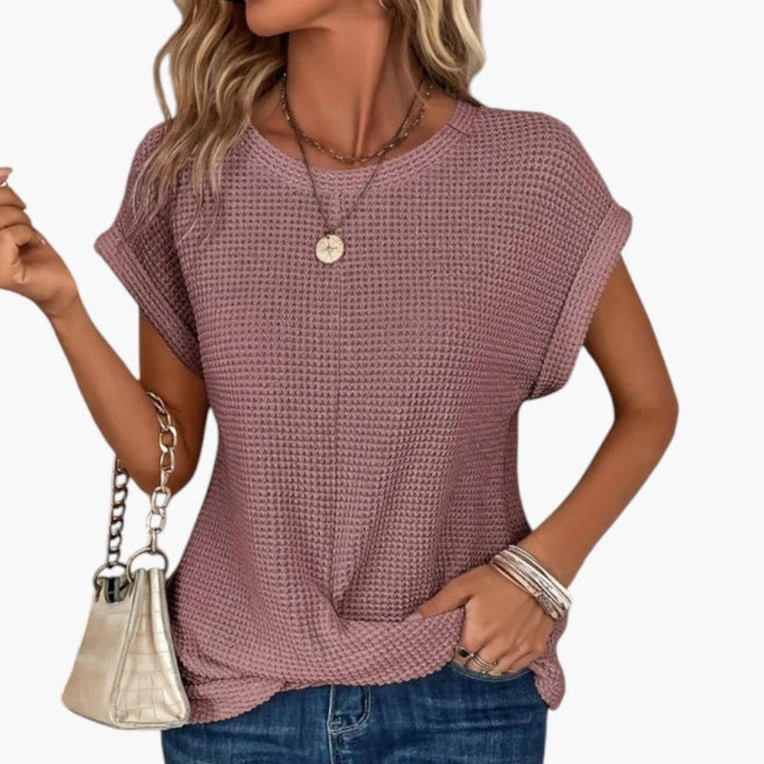 Dame T-shirt med rund hals og snoet kant foran