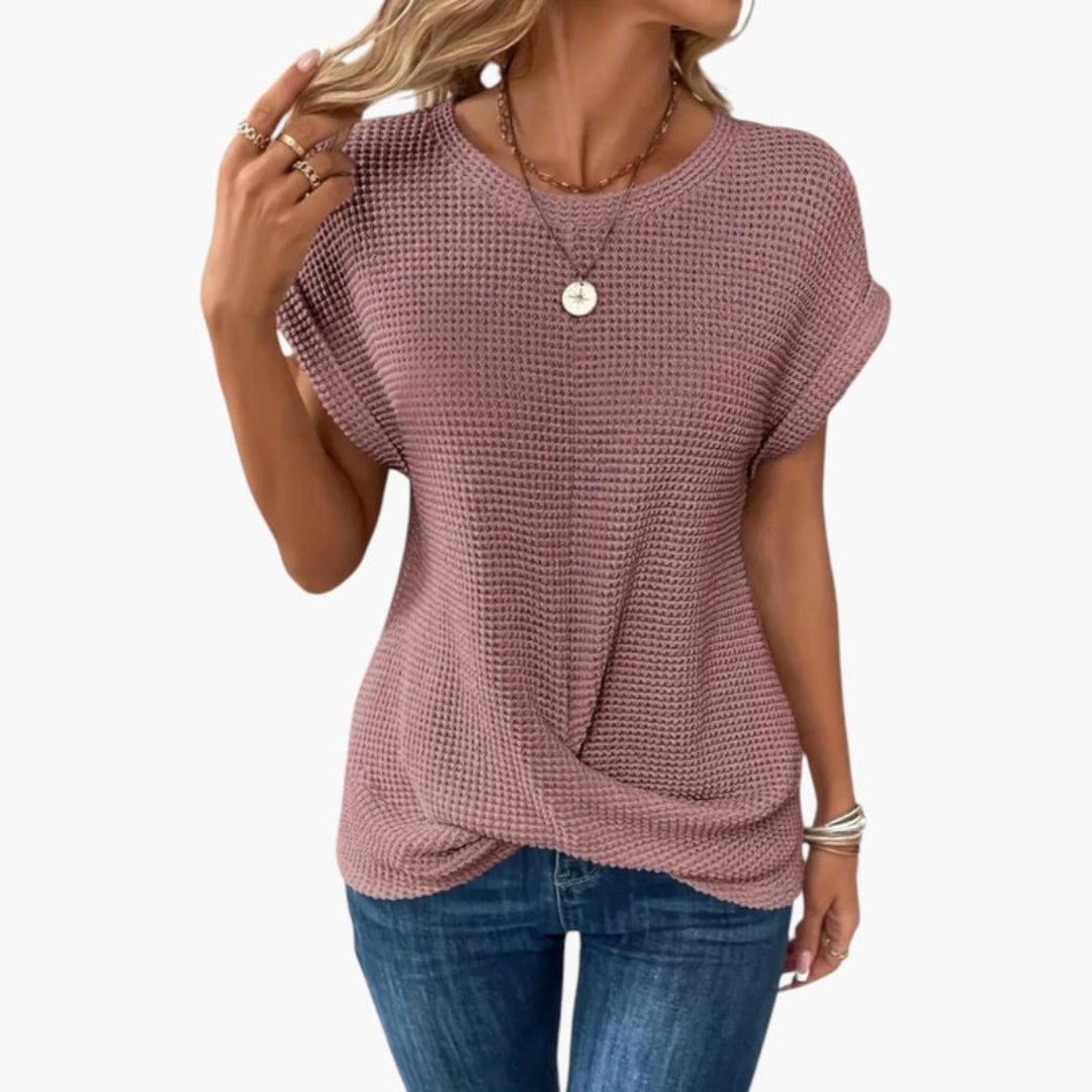 Dame T-shirt med rund hals og snoet kant foran
