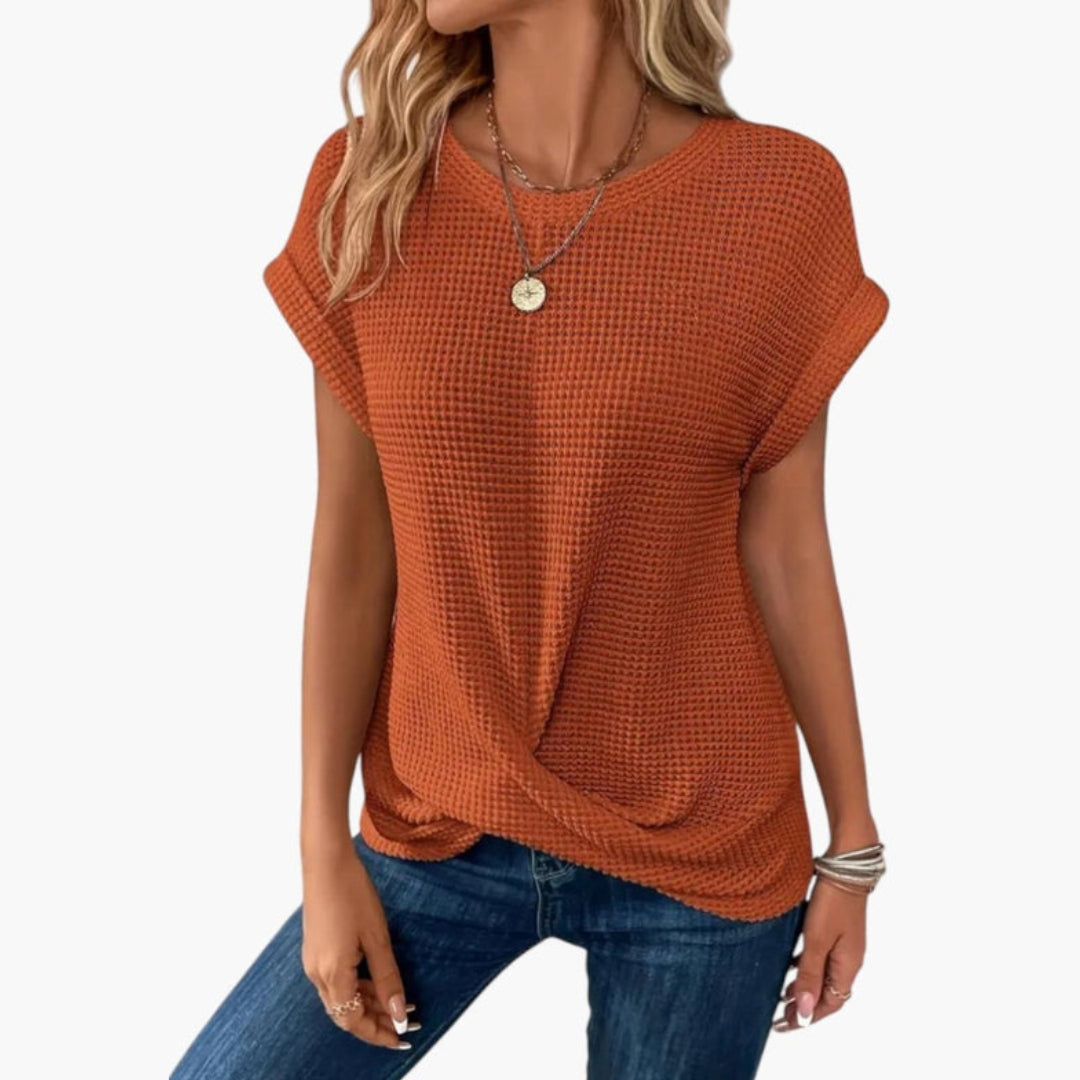 Dame T-shirt med rund hals og snoet kant foran