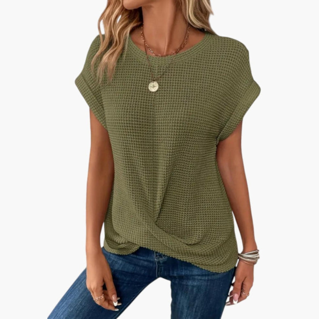 Dame T-shirt med rund hals og snoet kant foran
