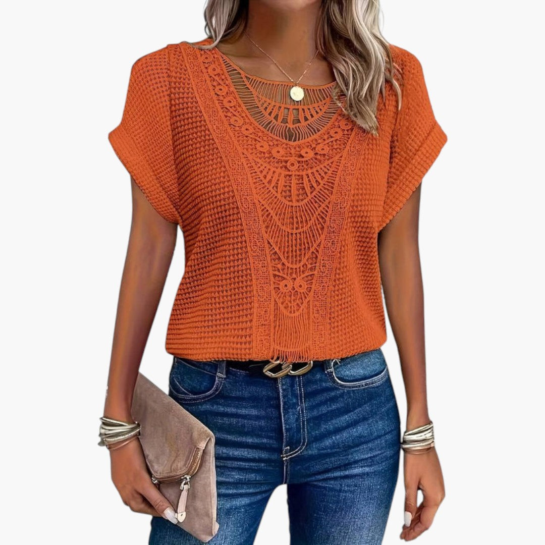 T shirt femme col rond avec empiècements en dentelle