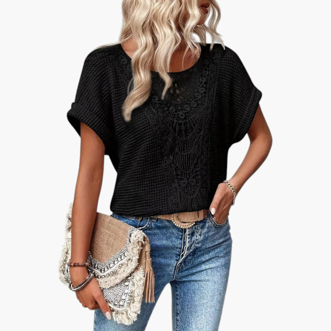 Damen-T-Shirt mit Rundhalsausschnitt und Einsätzen aus Spitze