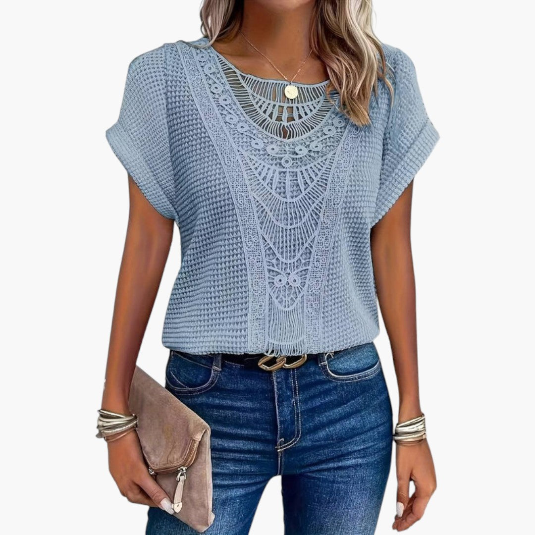 Damen-T-Shirt mit Rundhalsausschnitt und Einsätzen aus Spitze