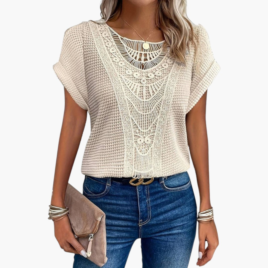 T shirt femme col rond avec empiècements en dentelle