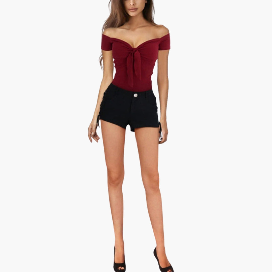 T shirt femme épaules dénudées avec lien sur le devant