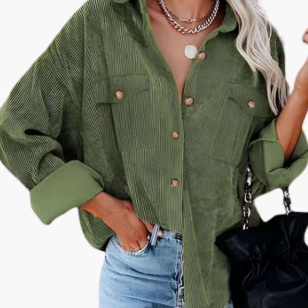 Chaqueta camisa acanalada para mujer con cierre de botones y bolsillos frontales