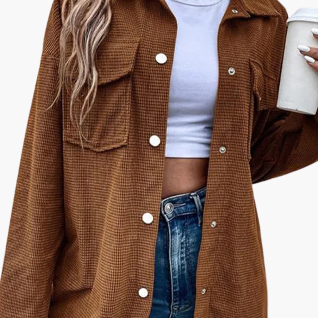 Chaqueta camisa acanalada para mujer con cierre de botones y bolsillos frontales