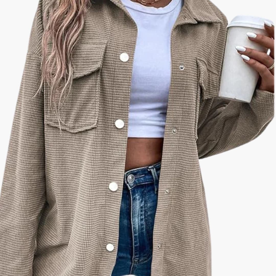 Chaqueta camisa acanalada para mujer con cierre de botones y bolsillos frontales
