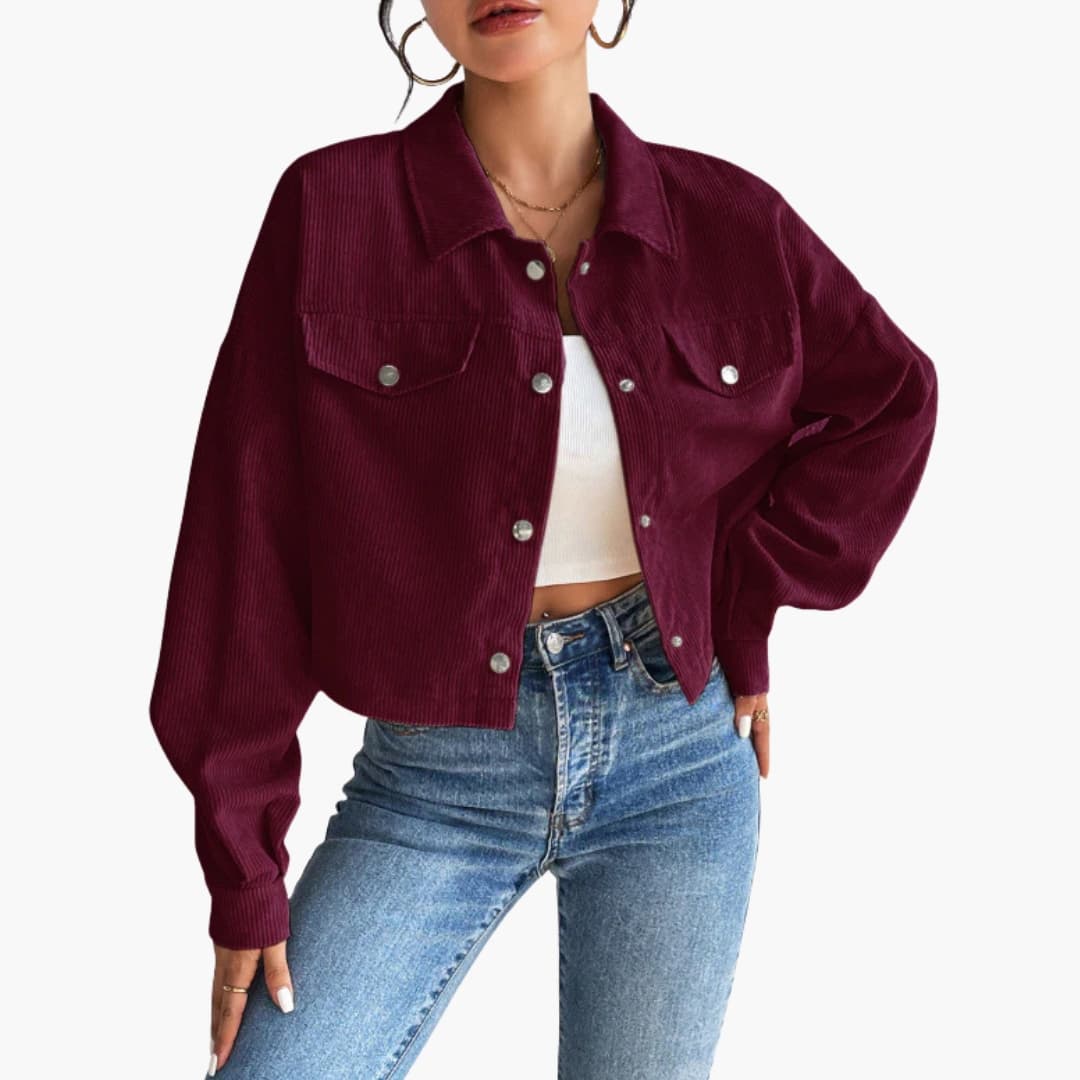 Veste Courte Femme Côtelée avec Fermeture à Boutons