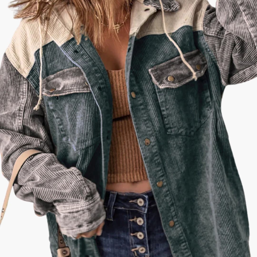 Retro Ribbed Women's Jacket with Hood and Color Block Design