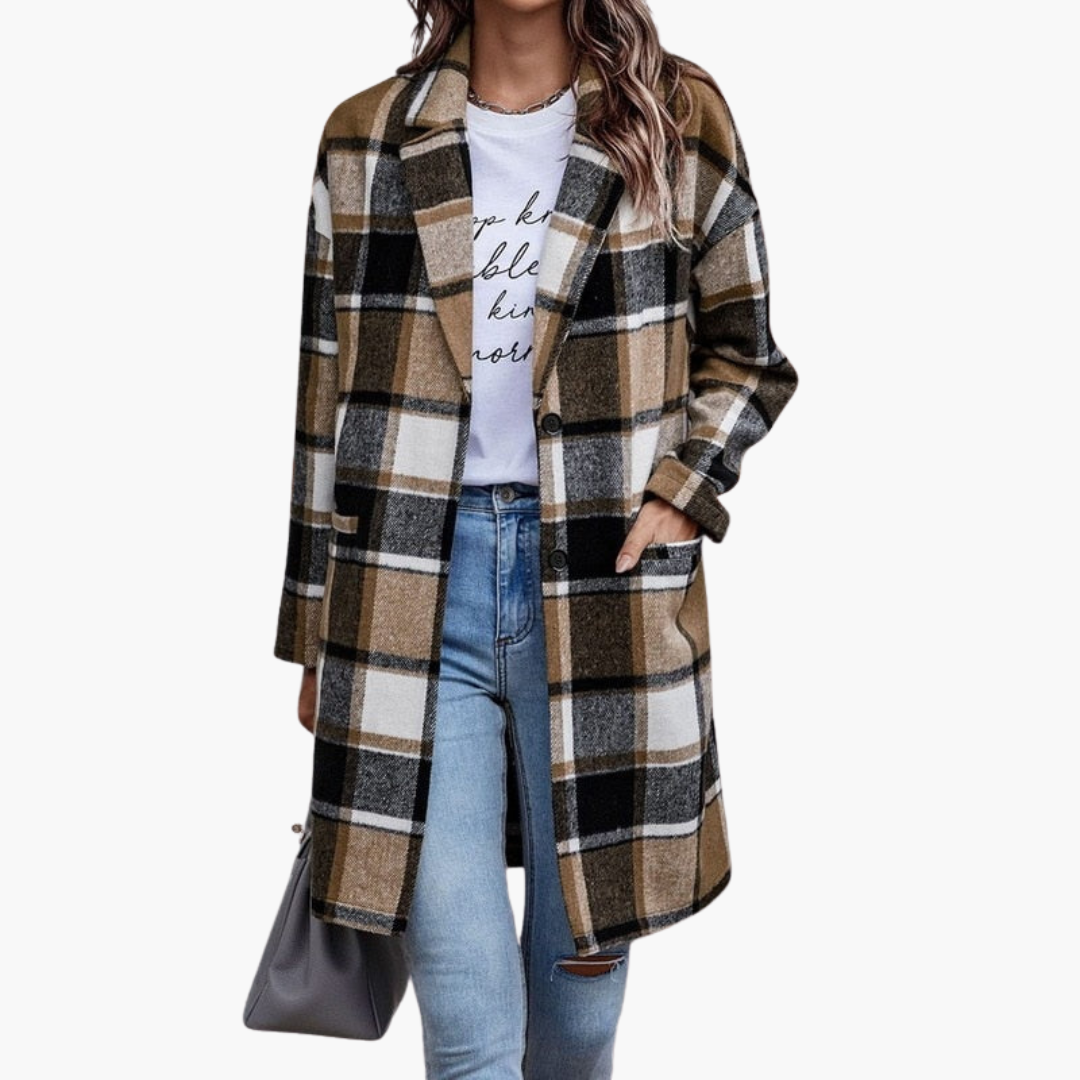 Veste à carreaux pour femme avec fermeture à boutons et manches longues