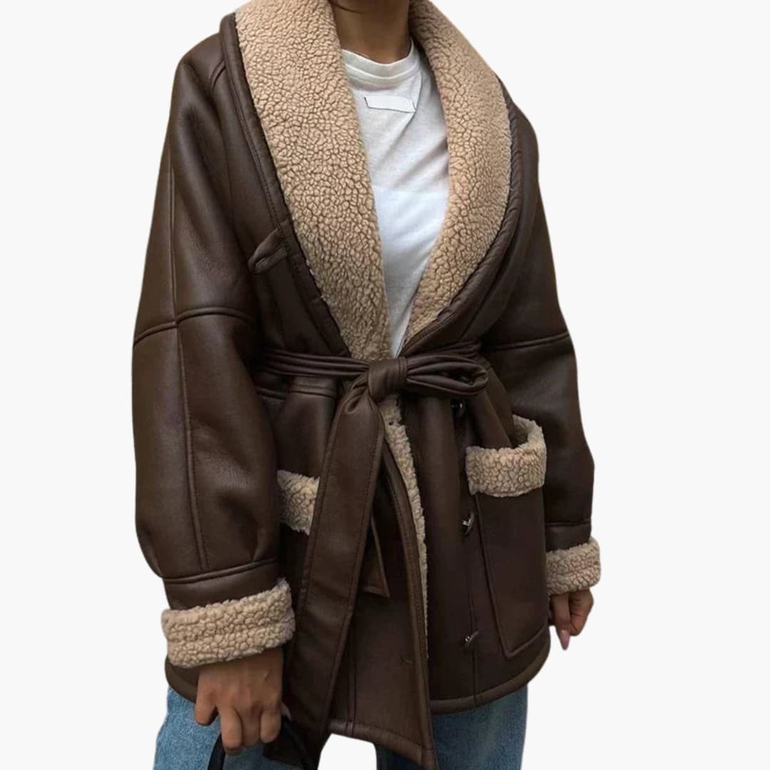 Chaqueta de mujer con cinturón, cuello chal y bolsillos delanteros