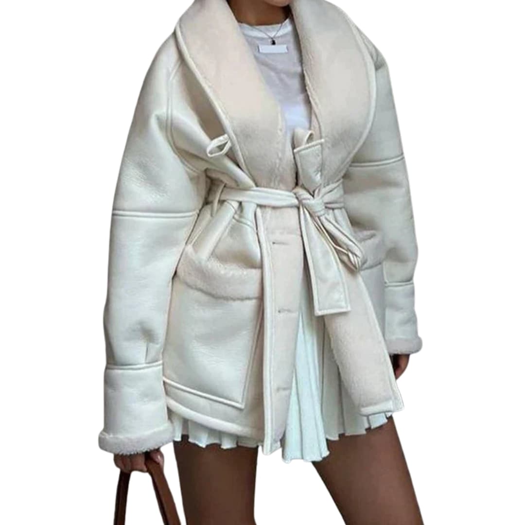 Chaqueta de mujer con cinturón, cuello chal y bolsillos delanteros