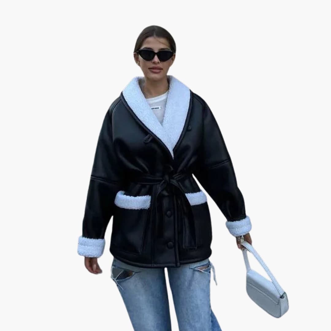 Chaqueta de mujer con cinturón, cuello chal y bolsillos delanteros