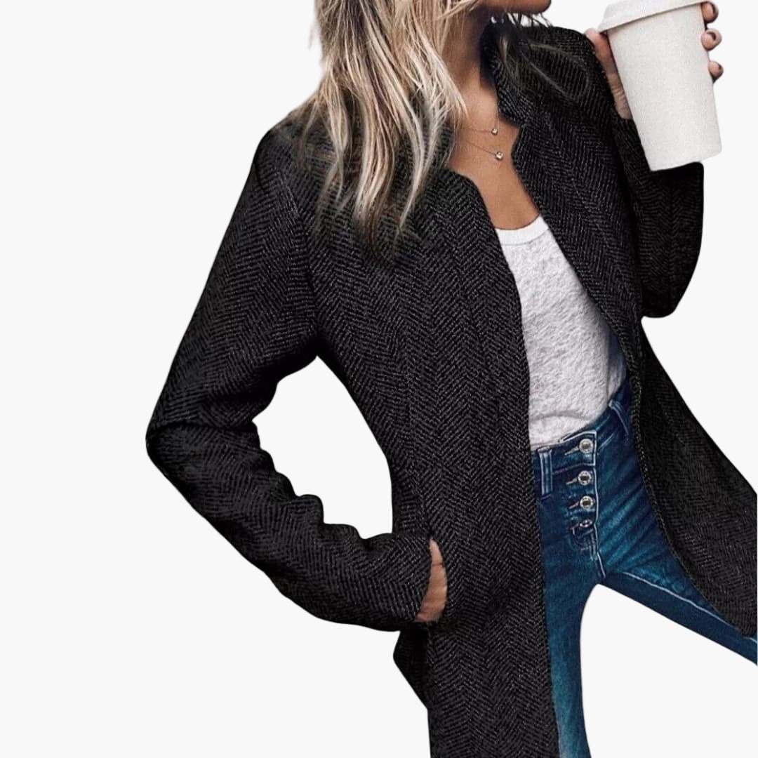 Damesvest van open tweed met lange mouwen