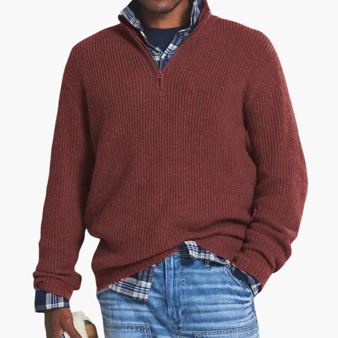 Pull demi zip homme avec col montant et surface tricotée
