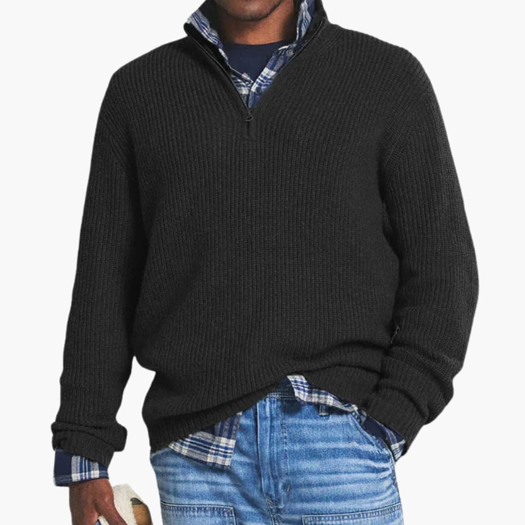 Pull demi zip homme avec col montant et surface tricotée